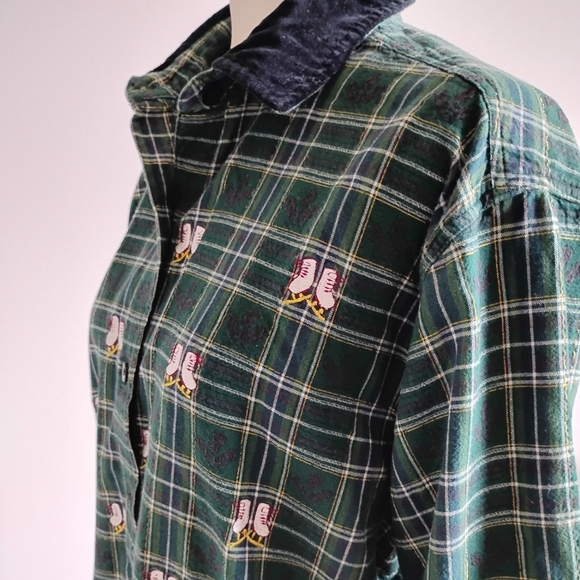Victoria Jones Woman Flannel Plaid Embroidered Ice Skate Velvet Shirt Size 1X - Picture 6 of 13